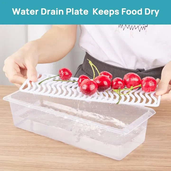 Fridge Food Storage Container Organiser with Removable Drain Tray for Fresh Fruits, Vegetables, Meat & Fish, BPA-Free Plastic Kitchen Box Storage Food Box Container Organizer 1500ml Stackable