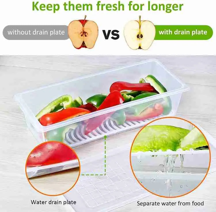 Fridge Food Storage Container Organiser with Removable Drain Tray for Fresh Fruits, Vegetables, Meat & Fish, BPA-Free Plastic Kitchen Box Storage Food Box Container Organizer 1500ml Stackable