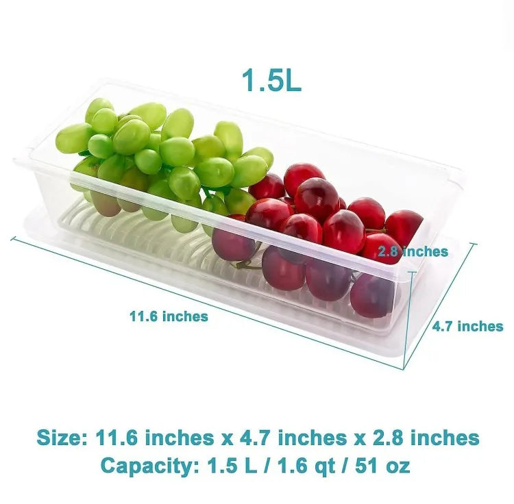 Fridge Food Storage Container Organiser with Removable Drain Tray for Fresh Fruits, Vegetables, Meat & Fish, BPA-Free Plastic Kitchen Box Storage Food Box Container Organizer 1500ml Stackable