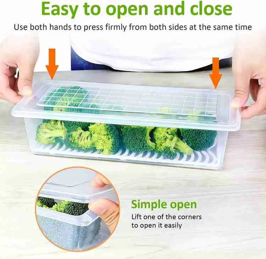 Fridge Food Storage Container Organiser with Removable Drain Tray for Fresh Fruits, Vegetables, Meat & Fish, BPA-Free Plastic Kitchen Box Storage Food Box Container Organizer 1500ml Stackable