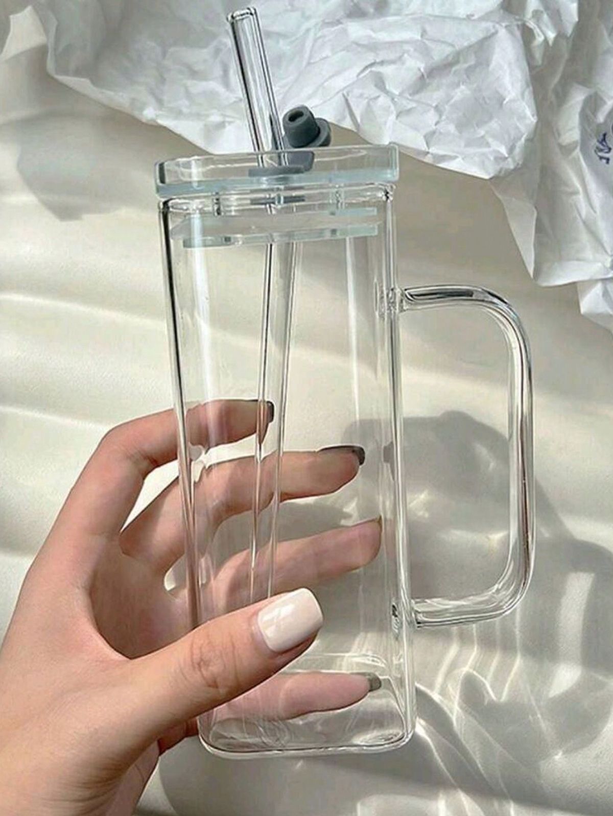 Square Glass Mug With Handle , Glass Straw & Lid