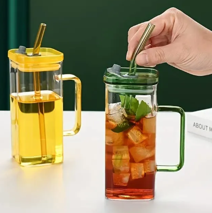 Square Glass Mug With Handle , Glass Straw & Lid