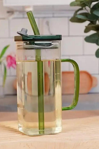 Square Glass Mug With Handle , Glass Straw & Lid